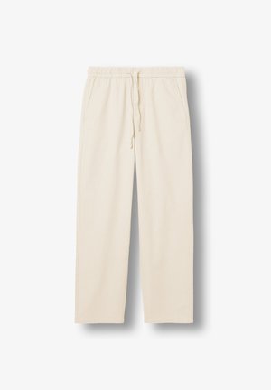 Pantaloni casual color crema con elastico in vita e coulisse, taglio dritto e tasche laterali su sfondo bianco.