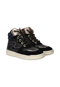 Baskets montantes noires en cuir et daim. Présentent des accents métalliques, un devant à lacets et un panneau arrière à motifs. Semelle en caoutchouc.