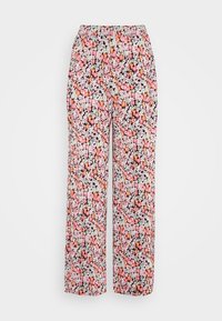 Pantalons à jambes larges avec un motif floral et une taille élastique. Ils présentent un mélange de fleurs roses, blanches, orange et vertes sur un fond noir.