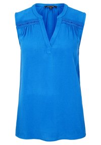 Haut sans manches bleu avec un décolleté en V, présentant un design smocké sur les épaules et une coupe ample. Fabriqué en tissu lisse et léger.