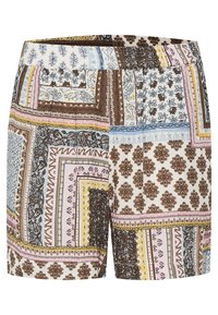 Shorts amples avec une taille élastique présentant un motif patchwork multicolore de motifs floraux et géométriques.