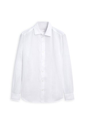 White long-sleeve shirt made of linen, featuring a classic collar, button front, and single-button cuffs with a smooth texture.