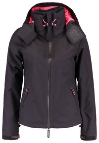 Černá dámská bunda na zip s růžovou vnitřní podšívkou, nastavitelnou kapucí, zipovými bočními kapsami a suchými zipy na manžetách.