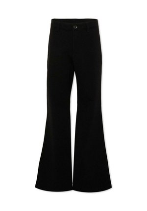 Pantalon noir taille haute avec fermeture par bouton et fermeture éclair, passants de ceinture et jambes évasées larges.