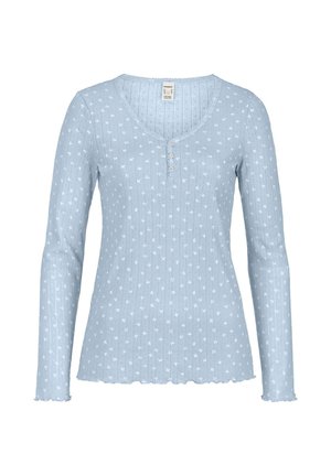 Hellblaues, langärmliges, geripptes Oberteil mit kleinem weißem Blumenmuster, V-Ausschnitt, drei Knöpfen vorne sowie gewelltem Saum und Bündchen.