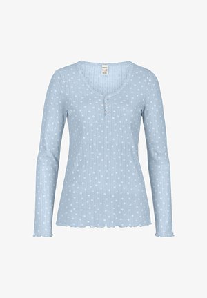 Hellblaues, langärmliges, geripptes Oberteil mit kleinem weißem Blumenmuster, V-Ausschnitt, drei Knöpfen vorne sowie gewelltem Saum und Bündchen.