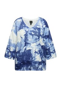 Maglione a V con vestibilità ampia in fantasia tie-dye blu. Realizzato in tessuto morbido con lavorazione a maglia testurizzata. Presenta maniche a tre quarti e una forma rilassata.