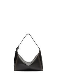 Sac en cuir noir avec une seule bandoulière réglable et un design minimaliste et structuré.