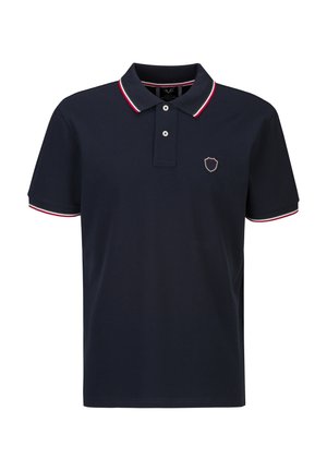 Marineblaues Polohemd mit kurzen Ärmeln, roter, weißer und grüner Einfassung am Kragen und an den Ärmeln, zwei Knöpfen am Ausschnitt und kleinem Schildemblem auf der Brust.