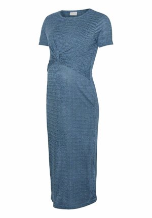 Sinine soonikkoeline raseduskleit lühikeste varrukatega, keerulise detailiga vöökohal, põlvpikk ja istuva siluetiga.