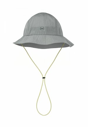 Sombrero tipo bucket gris claro con patrón de cuadrícula, correa para la barbilla con ajustador regulable y logotipo "Buff" en el centro frontal.
