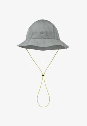 Sombrero tipo bucket gris claro con patrón de cuadrícula, correa para la barbilla con ajustador regulable y logotipo "Buff" en el centro frontal.