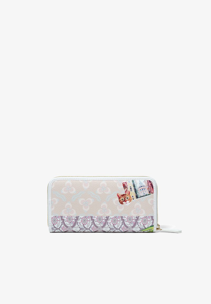 Rectangular zipper wallet with beige and floral patterns and a small illustration of a cat and buildings on the front.