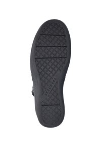 Zwarte rubberen schoenzool met een gestructureerd patroon, voorzien van een diamantprofiel voor grip en de merknaam "Skechers" in reliëf aan de zijkant.