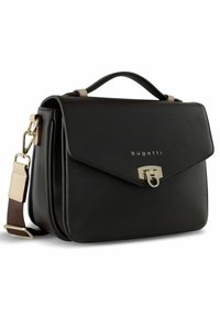Black leather handbag with a structured design, featuring a top handle, adjustable strap, gold hardware, and a flap closure.