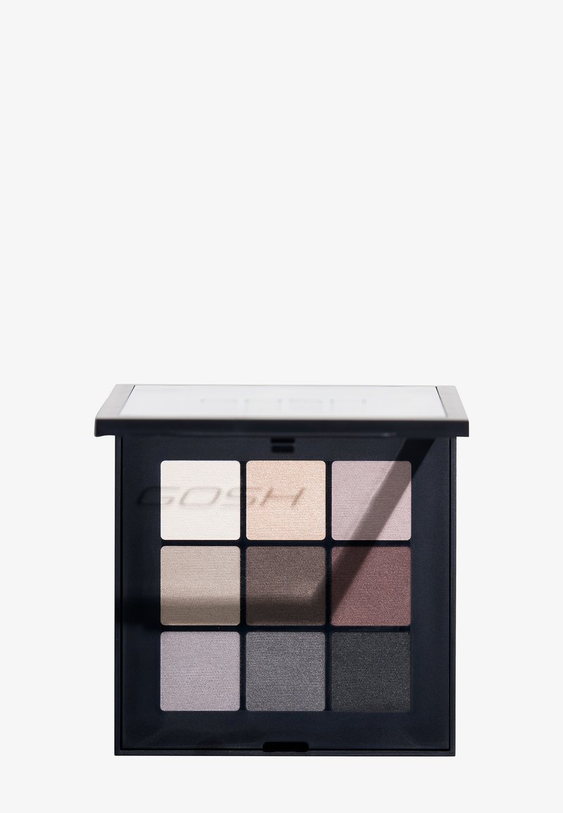 Palette di ombretti a nove tonalità in una custodia nera opaca. Presenta tonalità che vanno dal beige chiaro al grigio scuro. Texture liscia con finiture varie.