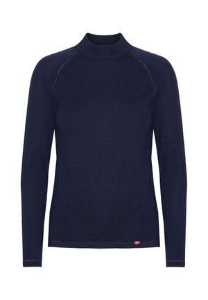 Mjöln blå långärmad topp med hög krage. Tillverkad av strukturerad tyg. Har raglansärmar och en liten detalj nära fållen.