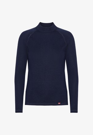 Navy blue long-sleeve top with a high neck. Made from textured fabric. Features raglan sleeves and a small accent near the hem.