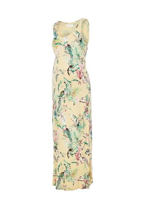 Robe maxi florale jaune avec des motifs d'oiseaux tropicaux verts et roses. Design sans manches avec un corsage ajusté et un fente sur le côté.