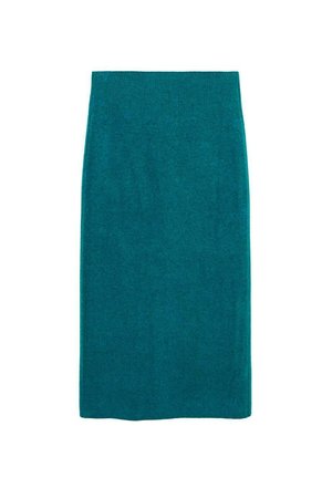 Gonna a matita in maglia teal con vita aderente, texture liscia e design alla lunghezza del ginocchio. Nessun motivo visibile o dettagli hardware.