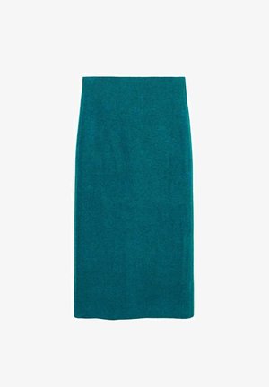 Teal strikket blyantskørter med tætsiddende talje, glat tekstur og knælangt design. Ingen synlige mønstre eller hardware detaljer.