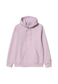 Sudadera con capucha lila, con un bolsillo tipo canguro, material de felpa texturizada, cierre con cordón y acento de logo dorado en el puño.