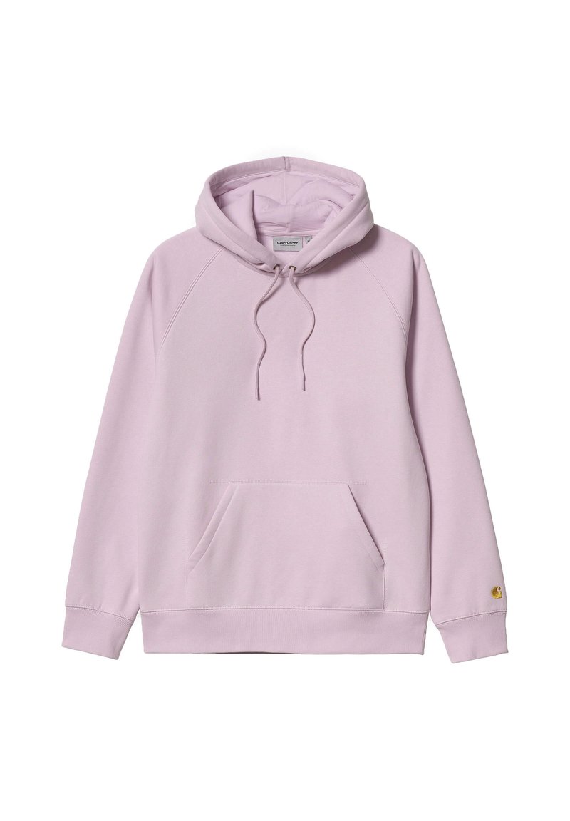 Sudadera con capucha lila, con un bolsillo tipo canguro, material de felpa texturizada, cierre con cordón y acento de logo dorado en el puño.
