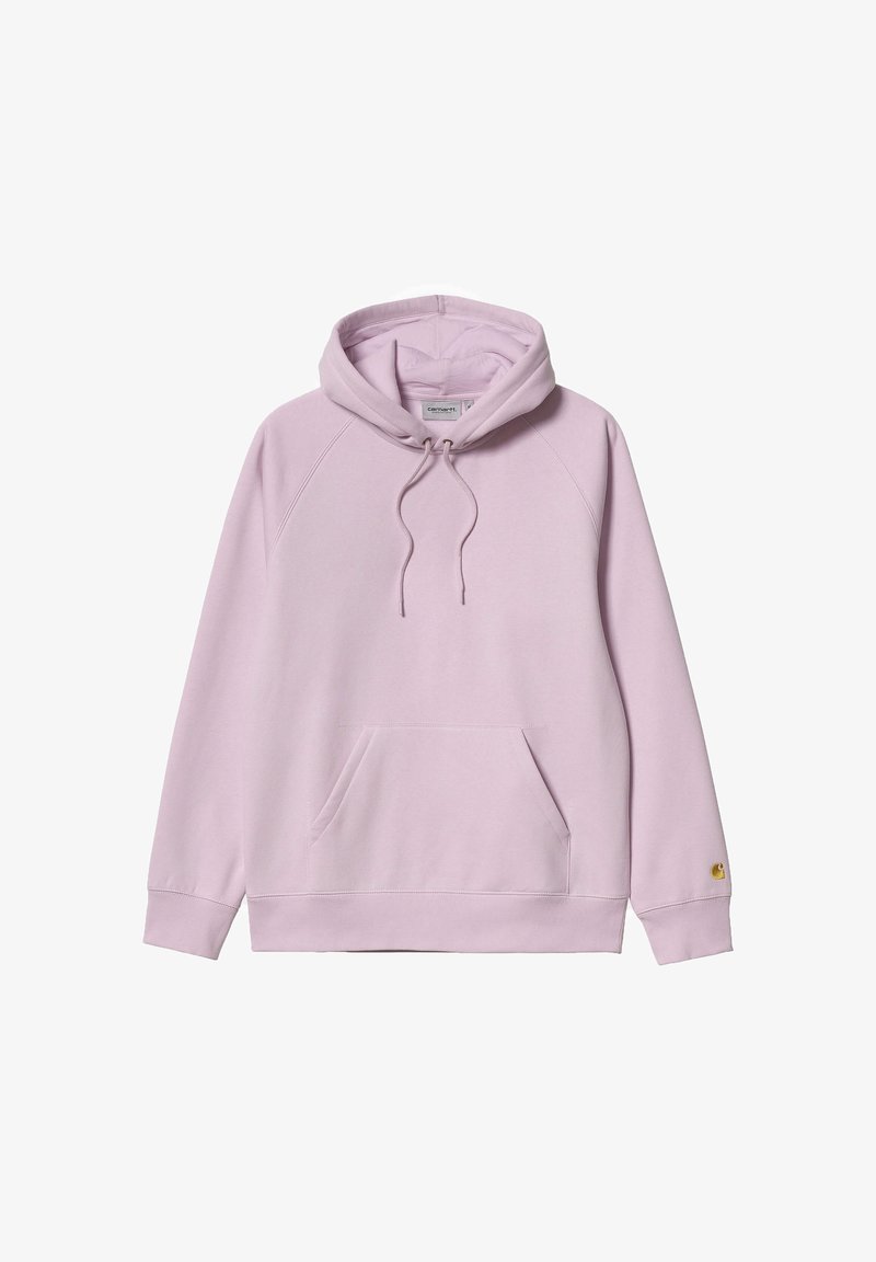 Sudadera con capucha lila, con un bolsillo tipo canguro, material de felpa texturizada, cierre con cordón y acento de logo dorado en el puño.