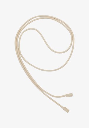 Beżowy splotkowany kabel ładujący o gładkiej fakturze, z dwoma prostokątnymi złączami na każdym końcu. Elastyczny i spiralny kształt.