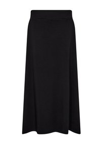 Black knee-length skirt made from soft fabric, featuring a wide elastic waistband and a flowy silhouette with no visible patterns or embellishments.