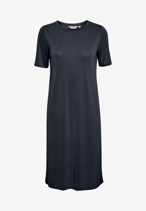 Donkerblauwe jurk met korte mouwen van zachte stof, met een ronde hals, knielange snit en zijsplitten voor extra beweging.