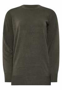 Maglione lavorato a maglia di un verde scuro con scollatura rotonda, maniche lunghe e polsini e orlo a coste. Tessuto liscio con una sensazione leggera.