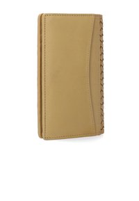 Tan leather wallet featuring a smooth surface with braided accents along one side, a slim design, and stitched detailing.