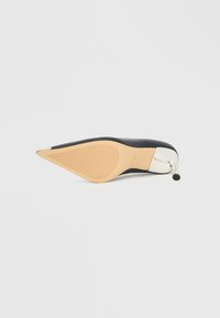 Svart spiss sko med en blank sølvhæl, med teksturert tan såle og minimalistisk design. Jevn overflate uten synlige mønstre.