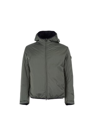 Gewatteerde hooded jack van glad, geïsoleerd materiaal in olijfgroen met een zwarte binnenkant, voorzien van een ritssluiting aan de voorkant en elastische manchetten.