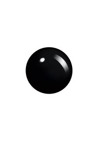 Objet sphérique noir avec une finition brillante et une surface réfléchissante, sur un fond blanc. La surface montre de subtiles réflexions de lumière.