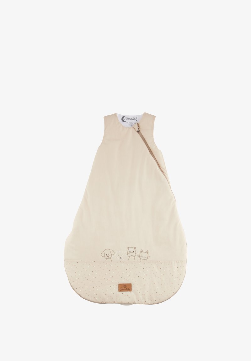 Sacco a pelo beige realizzato in morbido materiale, con una cerniera frontale, dotato di design animali ricamati e una parte inferiore a pois.