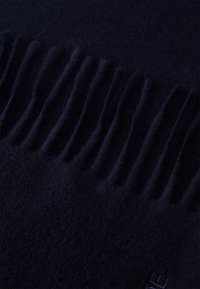Sciarpa in lana blu scuro con una morbida texture, caratterizzata da pieghe verticali e un logo ricamato discreto sul bordo.