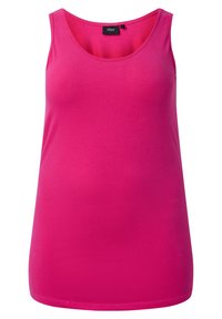 Fuchsia ärmlös tanktopp tillverkad av mjukt tyg, med rund halsringning och en slät, otäckt yta.