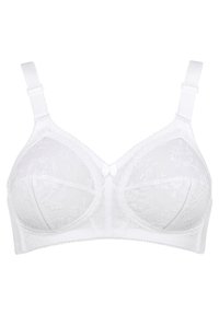 Hvit blond BH med justerbare stropper, heldekkende kopper og en liten sløyfe i midten. Teksturert blomsterdesign på stoffet.