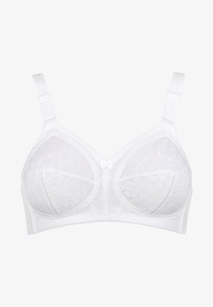 Valge pitsist rinnahoidja, reguleeritavate rihmadega, täis kattega kruusid ja väike paela detail keskosas. Kanga peal on tekstuuriga lilleline muster.