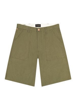 Olivne zelene kratke hlače do kolen z žeparji spredaj, z zankami za pas in zapiranjem na gumb, znamke Wrangler.