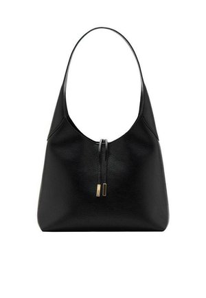 Sac hobo en cuir noir avec une silhouette arrondie, doté d'une seule bandoulière et de deux cordons de serrage avec des accents dorés à l'ouverture.