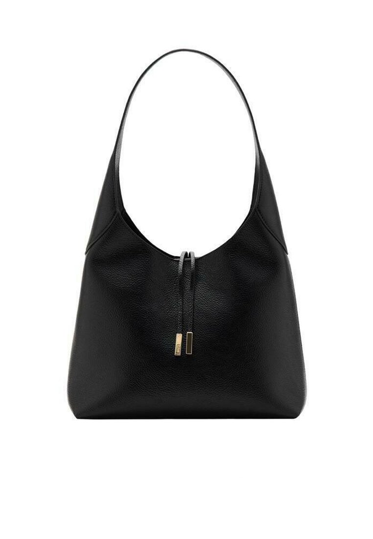 Sac hobo en cuir noir avec une silhouette arrondie, doté d'une seule bandoulière et de deux cordons de serrage avec des accents dorés à l'ouverture.