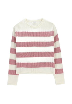 Sweter z dzianiny z długimi rękawami, szerokimi poziomymi różowymi i białymi paskami oraz okrągłym dekoltem.