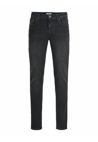Melni denim džinsi ar šauru piegriezumu. Iekļauj piecu kabatu dizainu, pogu aizdari un vieglu nolietojumu, lai piešķirtu tekstūru. Klasiska taisna kāju griezuma forma.