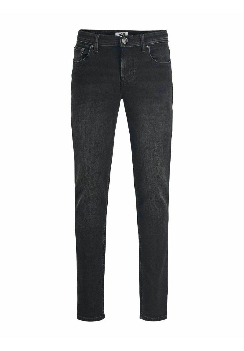 Melni denim džinsi ar šauru piegriezumu. Iekļauj piecu kabatu dizainu, pogu aizdari un vieglu nolietojumu, lai piešķirtu tekstūru. Klasiska taisna kāju griezuma forma.