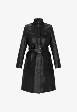Black leather coat with a belted waist, button closure, and two chest pockets. Features a high collar and long sleeves. Smooth texture.