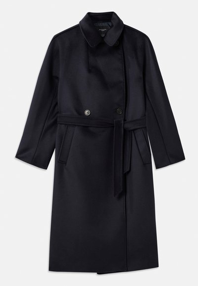 Navy wool blend coat with a notched collar, double-breasted buttons, belted waist, side pockets, and mid-length design.