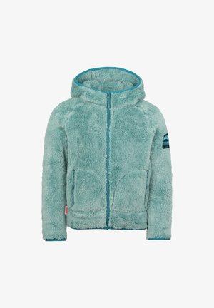 Himmelblau, flauschige Kapuzenjacke mit Frontreißverschluss und zwei Fronttaschen, mit einem kleinen Patch am linken Ärmel.